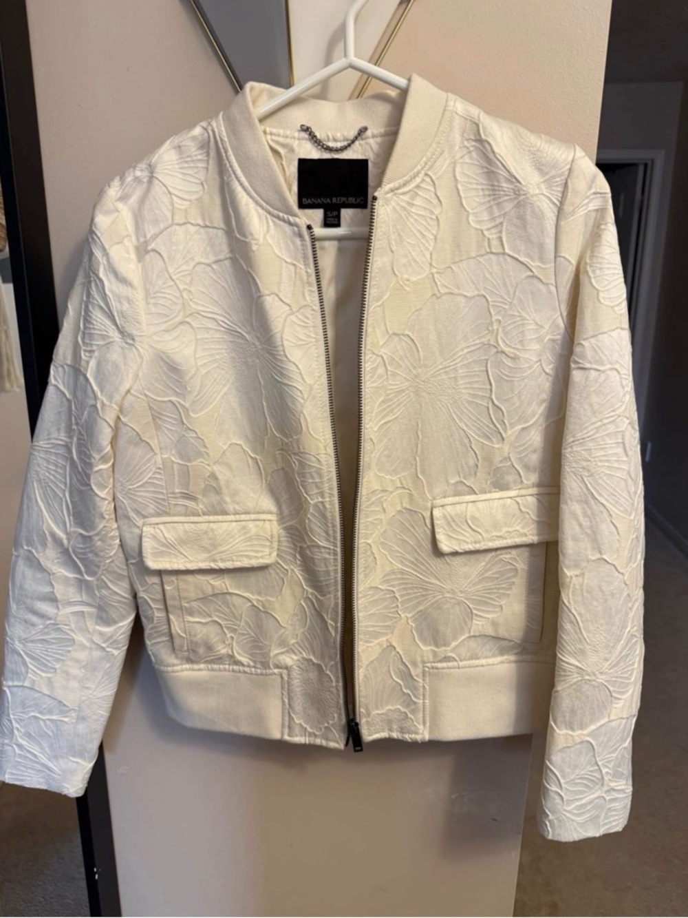 Banana Republic Cream Embossed Floral Bomber Jacket